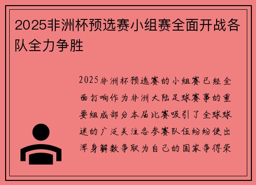 2025非洲杯预选赛小组赛全面开战各队全力争胜