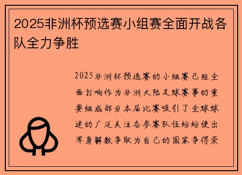 2025非洲杯预选赛小组赛全面开战各队全力争胜